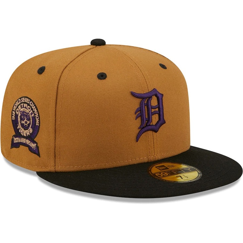 New Era Detroit Tigers Tan/Black 1968 World Series Champions Cooperstown Collection Purple Undervisor 59FIFTY Fitted Hat
