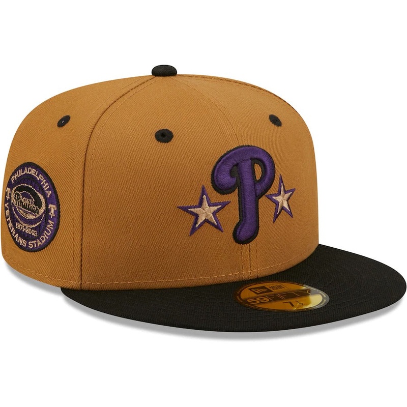New Era Philadelphia Phillies Tan/Black Philadelphia Veterans Stadium Cooperstown Collection Purple Undervisor 59FIFTY Fitted Hat