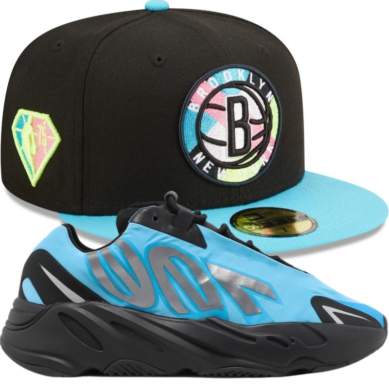 New Era Black/Teal Vice City Fitted Hats w/ Yeezy Boost 700 Mnvn ‘Bright Cyan’