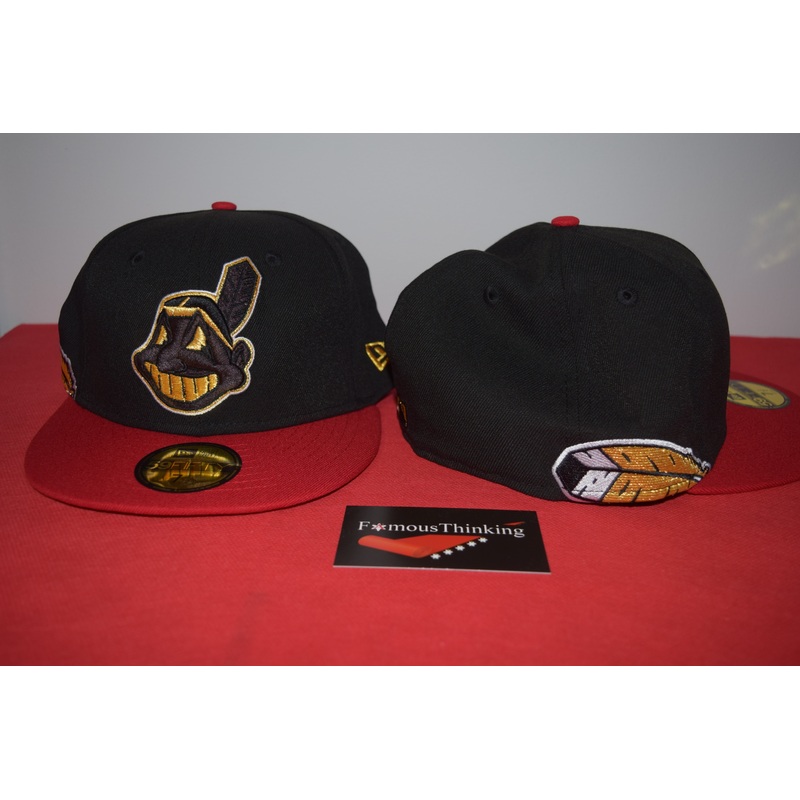 MLB New Era Cleveland Indians Chief Wahoo Golden Wahoo Black Red Feather Fitted 59Fifty