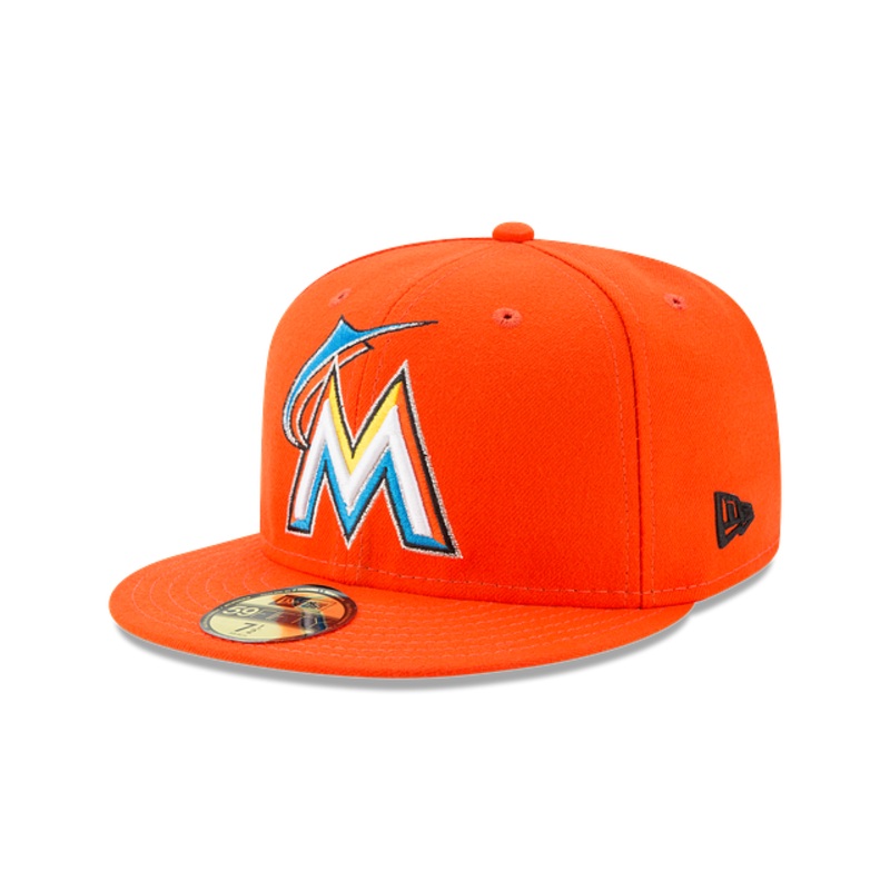 Miami Marlins 2017 MLB New Era Authentic On-Field Road 59FIFTY Fitted Hat – Orange