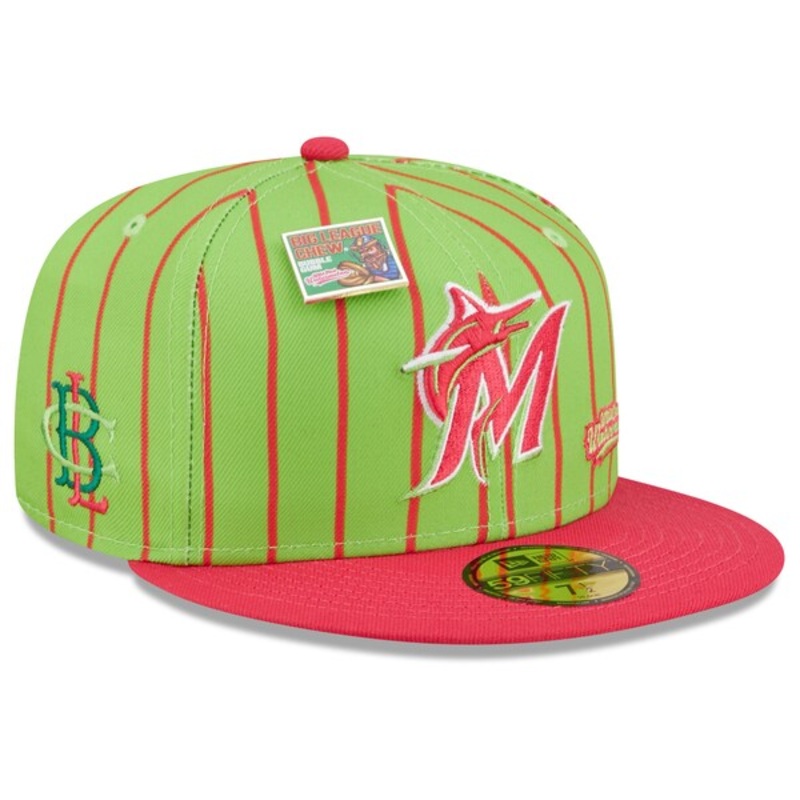 New Era MLB x Big League Chew  Miami Marlins Wild Pitch Watermelon Flavor Pack 59FIFTY Fitted Hat – Pink/Green
