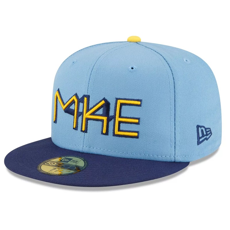 Milwaukee Brewers City Connect New Era 59FIFTY Fitted Hat  Light Blue & Navy Cap with MKE Embroidery