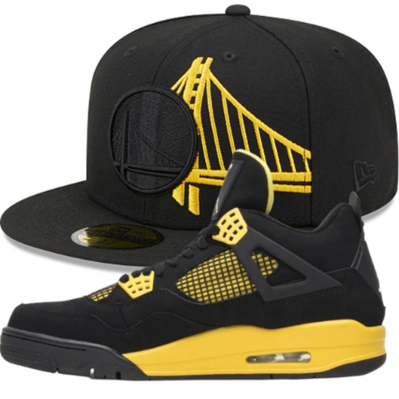 New Era Golden State Warriors Black & Yellow Elements Fitted Hat w/ Air Jordan 4 Thunder