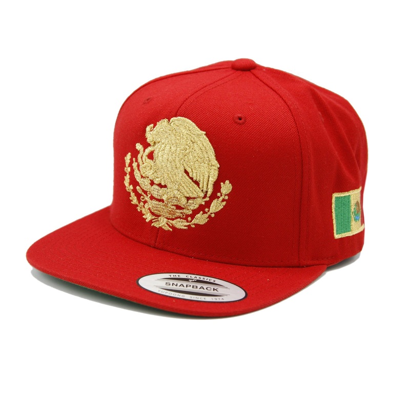 Embroidered Shield and flag SnapBack Mexico Red – Gold Hat