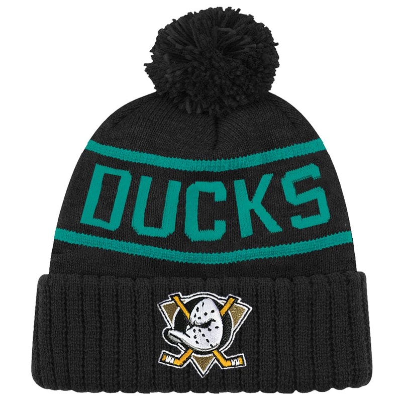 Anaheim Mighty Ducks NHL Team Colour Stripe Pom Knit Beanie – Black