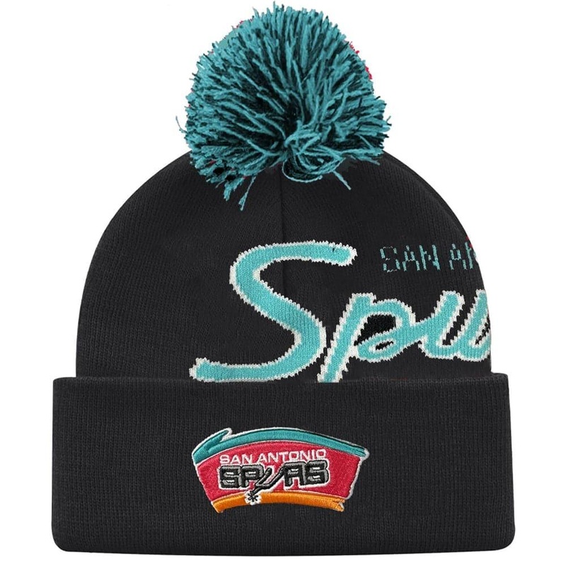 San Antonio Spurs Mitchell & Ness NBA Script Burst Pom Knit Beanie – Black