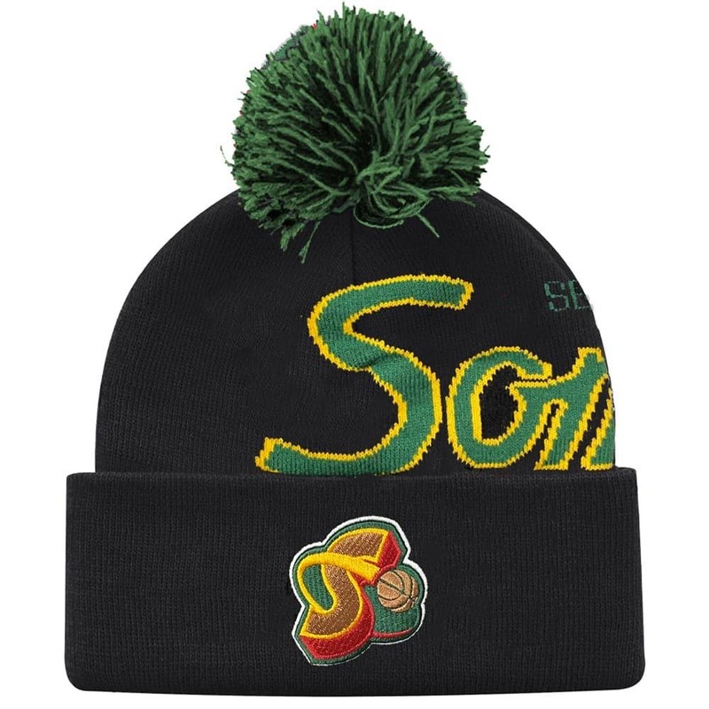 Seattle Supersonics Mitchell & Ness NBA Script Burst Pom Knit Beanie – Black