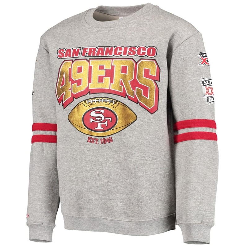San Francisco 49ers Mitchell & Ness NFL All Over Champs Premium Crew Jumper – Grey