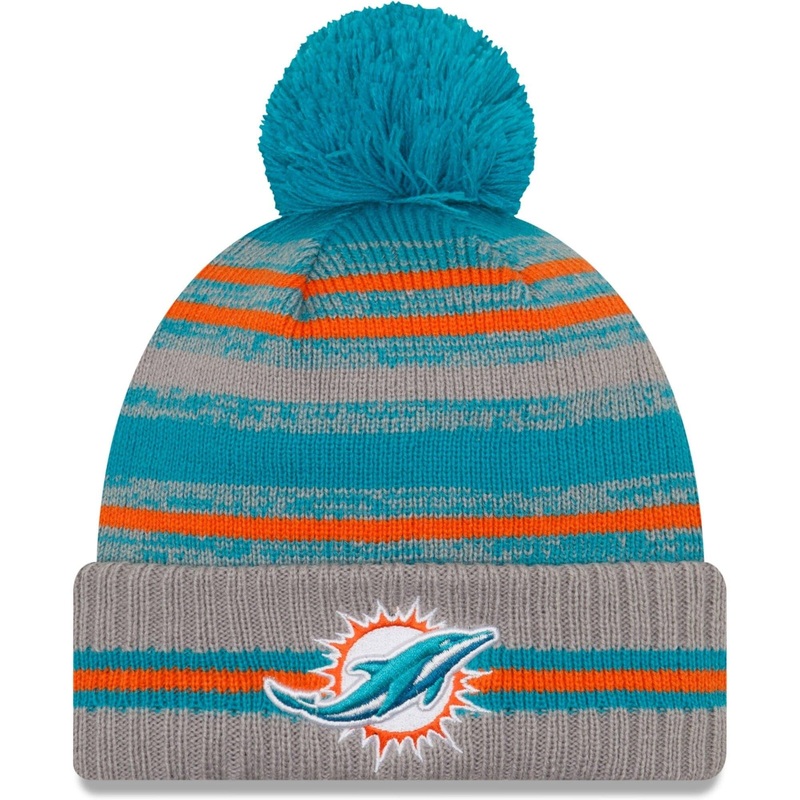 Miami Dolphins New Era NFL 2021 Sideline Team Pom Knit Beanie – Grey