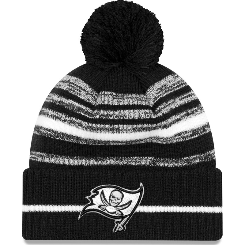 Tampa Bay Buccaneers New Era NFL 2021 Sideline Black & White Pom Knit Beanie – Black