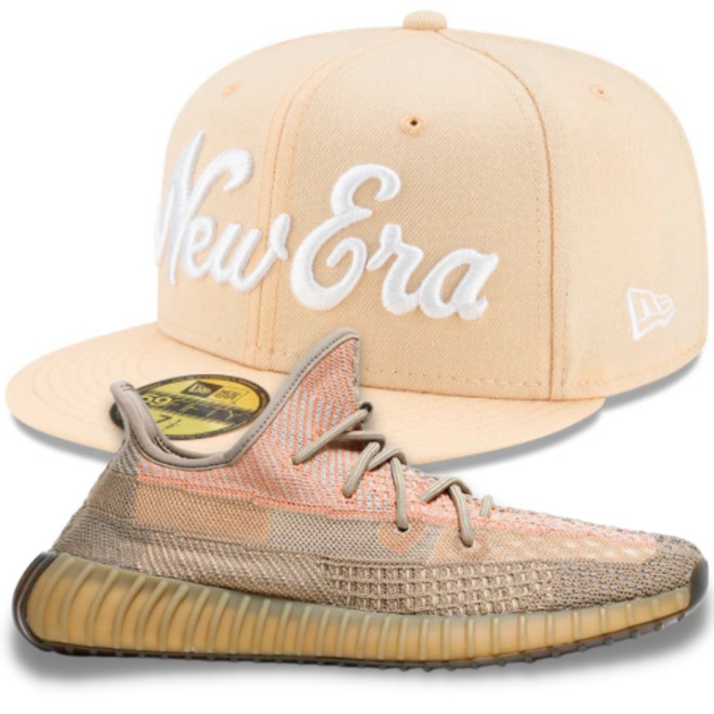 New Era Script Peach Fitted Hat w/ Yeezy Boost 350 V2 Sand Taupe Matching Sneakers
