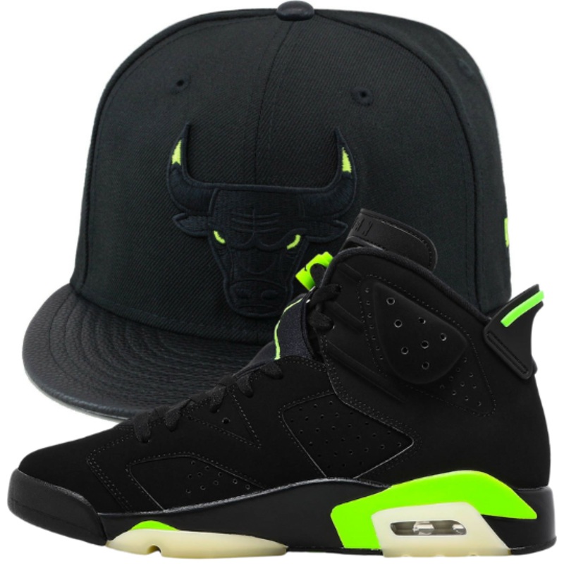 New Era Chicago Bulls Black/Lime Green Fitted Hat w/ Air Jordan 6 Retro ‘Electric Green’