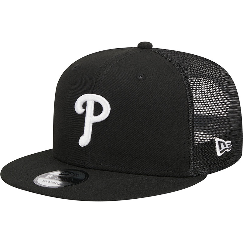 MLB Philadelphia Phillies New Era Black & White 9FIFTY Snapback Trucker Hat – Black