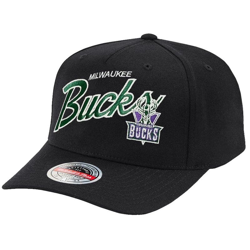 Milwaukee Bucks Mitchell & Ness NBA Logo Script Classic Red Snapback Hat – Black