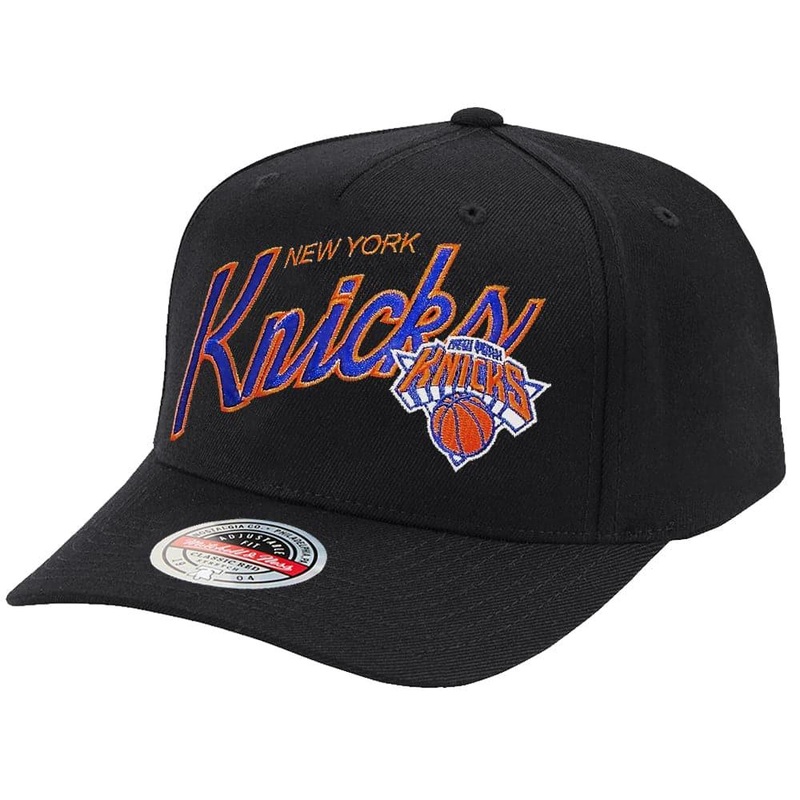New York Knicks Mitchell & Ness NBA Logo Script Classic Red Snapback Hat – Black