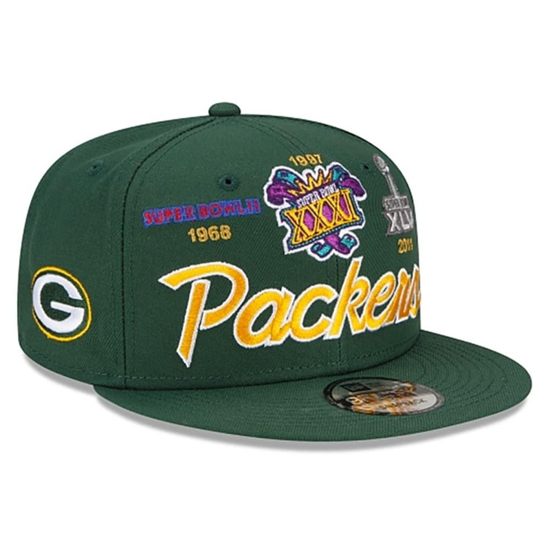Green Bay Packers New Era NFL Champs Script 9FIFTY Snapback Hat – Green