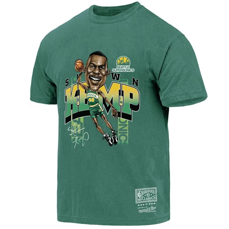 Shawn Kemp Seattle Supersonics Mitchell & Ness NBA Caricature Vintage T-Shirt – Faded Green