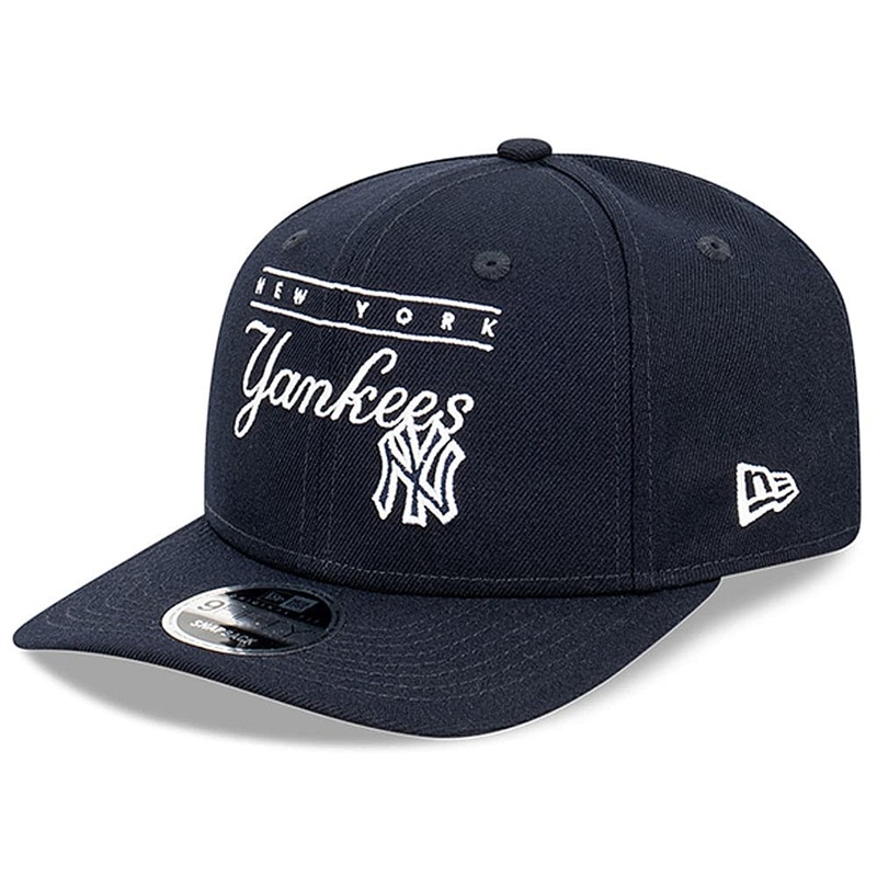 New York Yankees New Era MLB Line Script Pre-Curved 9FIFTY OF Snapback Hat – Navy