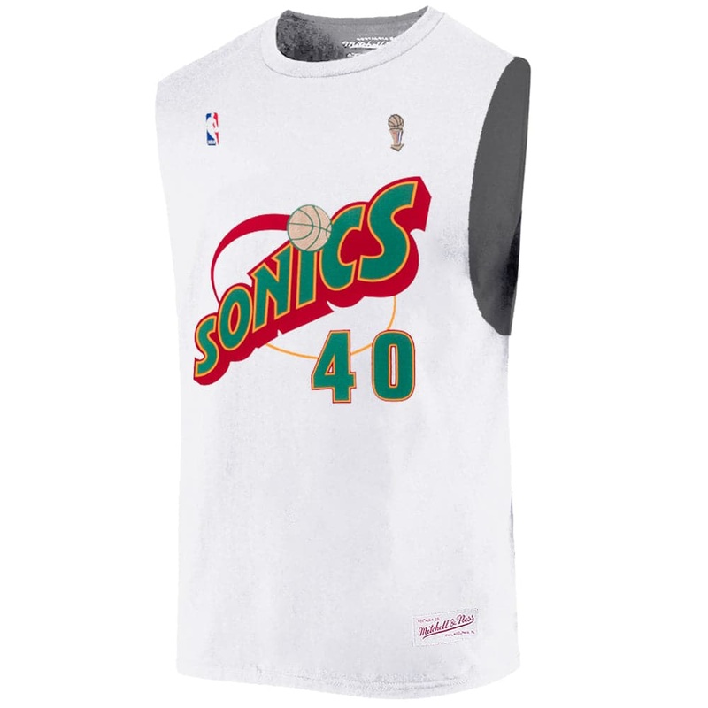 Shawn Kemp Seattle Supersonics Mitchell & Ness NBA Name Number Muscle T-Shirt – White