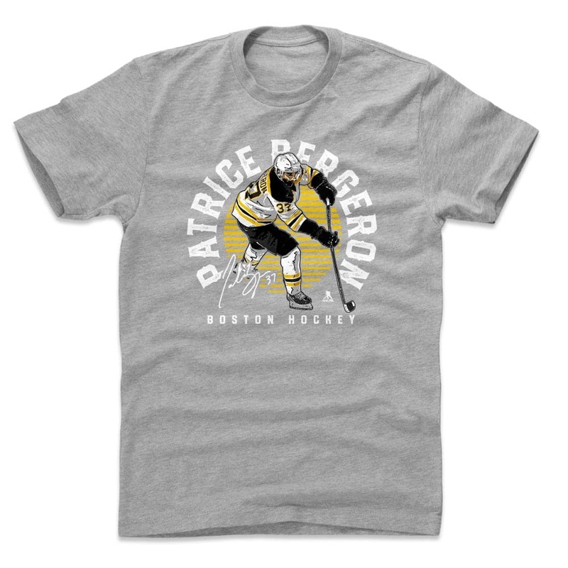Patrice Bergeron Boston Bruins 500 Level NHL Emblem T-Shirt – Heather Grey