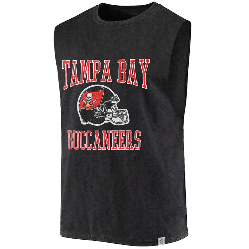 Tampa Bay Buccaneers Majestic NFL Helmet Arch Snow Wash Vintage Muscle T-Shirt – Faded Black