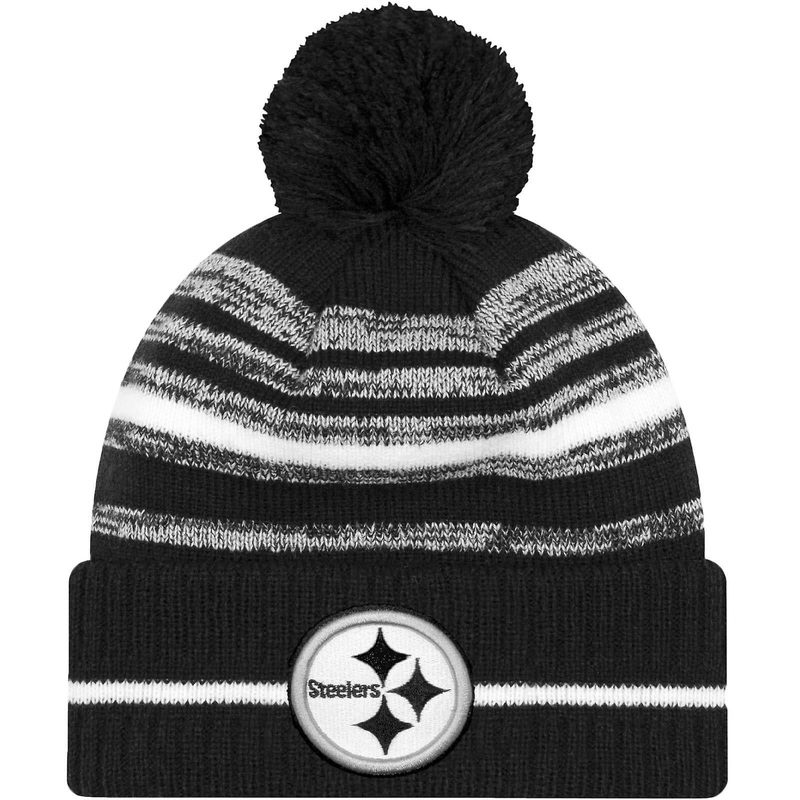Pittsburgh Steelers New Era NFL 2021 Sideline Black & White Pom Knit Beanie – Black