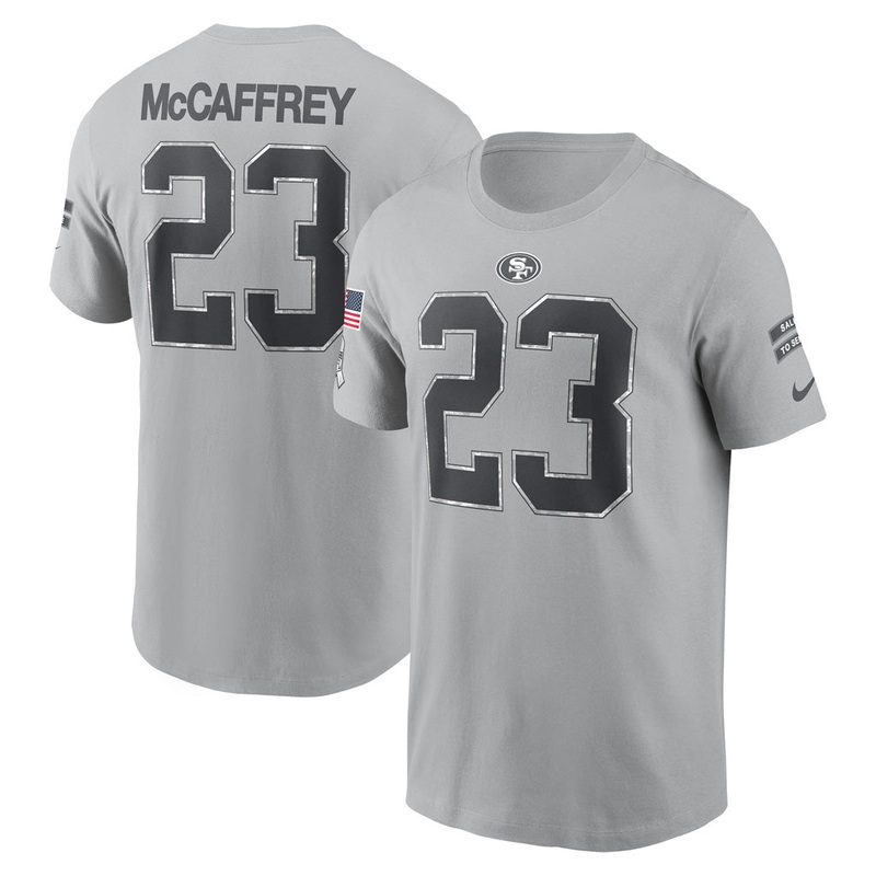NFL San Francisco 49ers Christian McCaffrey 2024 Salute to Service Name & Number T-Shirt – Gray