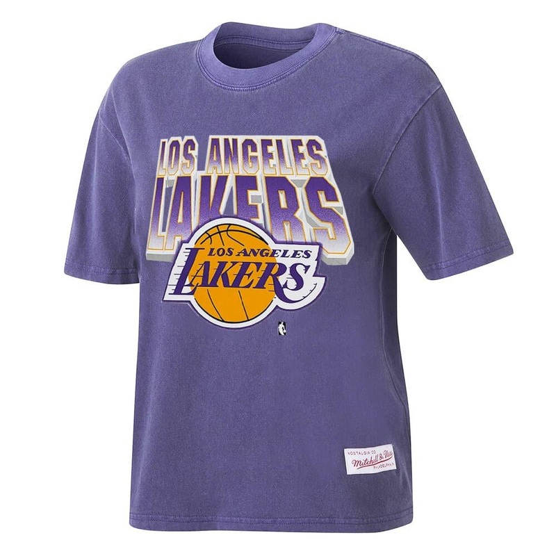 Womens Los Angeles Lakers Mitchell & Ness NBA 90’s Block Blur Vintage T-Shirt – Faded Purple