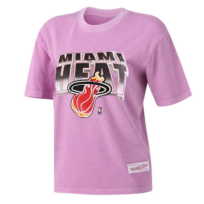 Womens Miami Heat Mitchell & Ness NBA 90’s Block Blur Vintage T-Shirt – Faded Pink