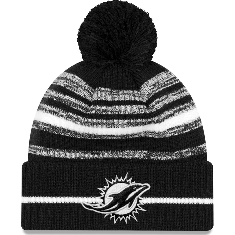 Miami Dolphins New Era NFL 2021 Sideline Black & White Pom Knit Beanie – Black