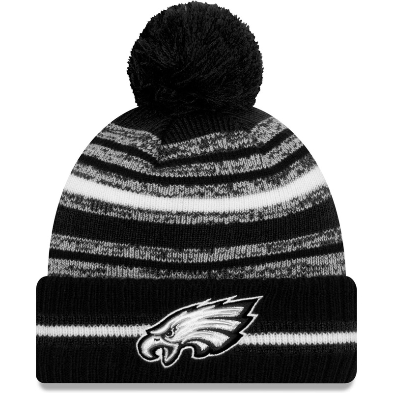 Philadelphia Eagles New Era NFL 2021 Sideline Black & White Pom Knit Beanie – Black