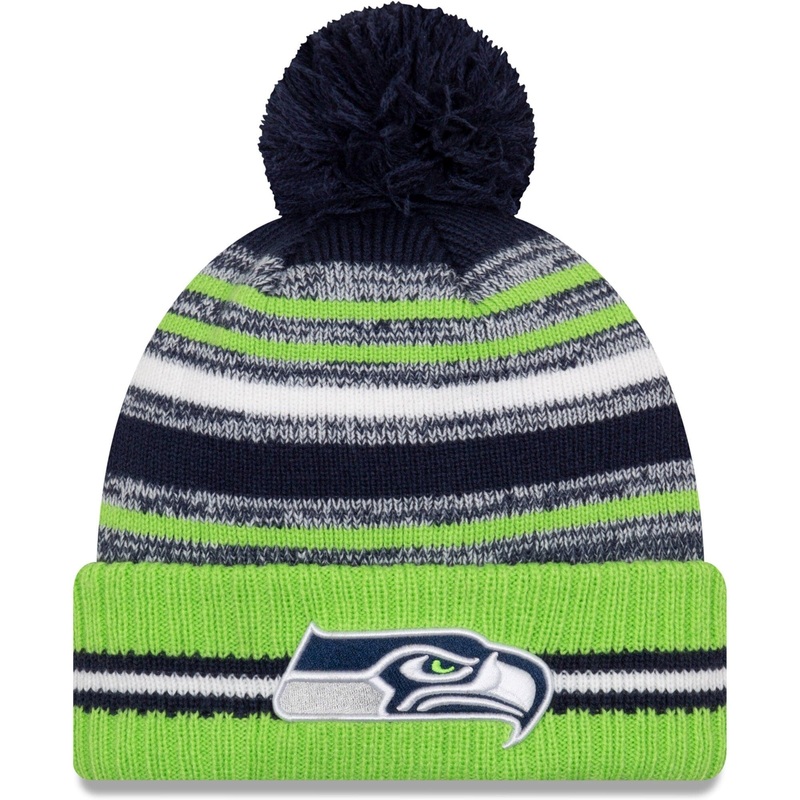 Seattle Seahawks New Era NFL 2021 Sideline Team Pom Knit Beanie – Navy
