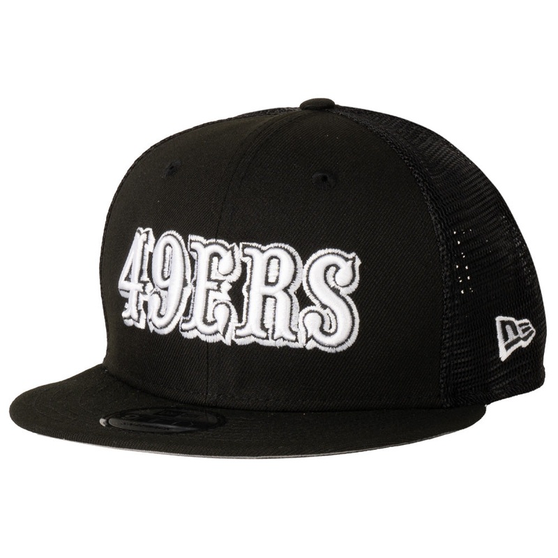 NFL San Francisco 49ers New Era Wordmark Black & White Trucker 9FIFTY Snapback Hat – Black