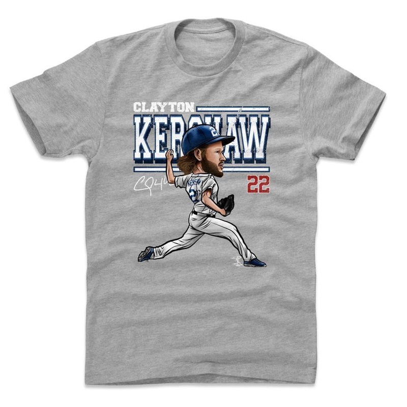 Clayton Kershaw Los Angeles Dodgers Cartoon 500 Level MLB Cartoon T-Shirt – Grey