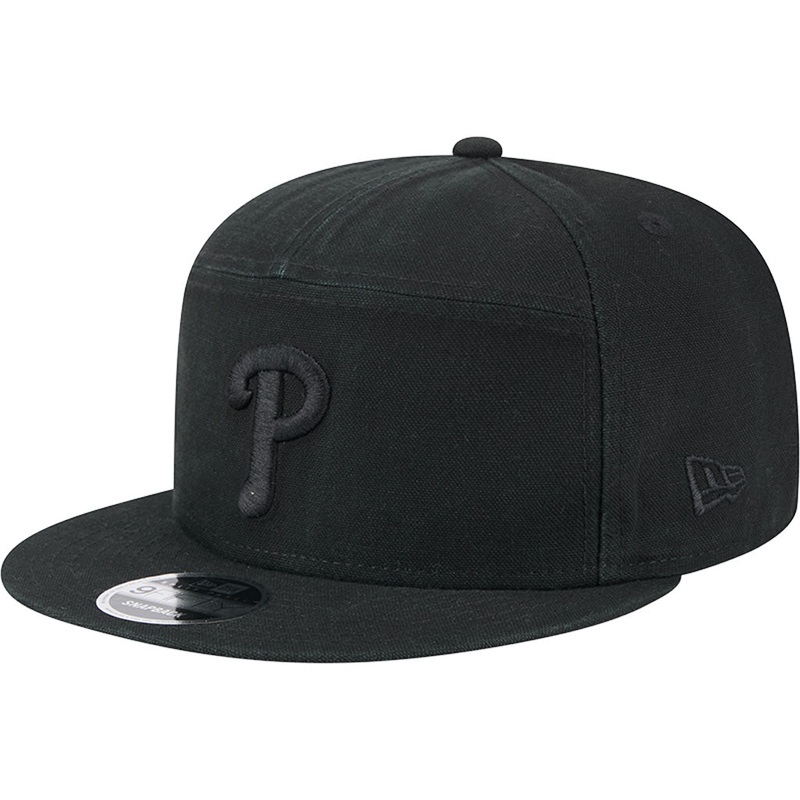 MLB Philadelphia Phillies New Era Black on Black Cotton Canvas 9FIFTY Split Panel Snapback Hat – Black