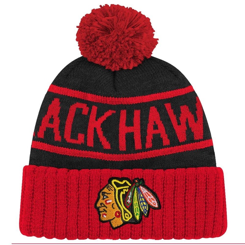 Chicago Blackhawks NHL Team Colour Stripe Pom Knit Beanie – Black/Red