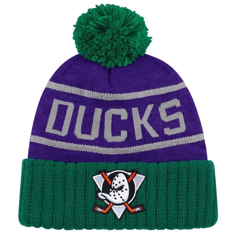 Anaheim Mighty Ducks NHL Team Colour Stripe Pom Knit Beanie – Purple/Green