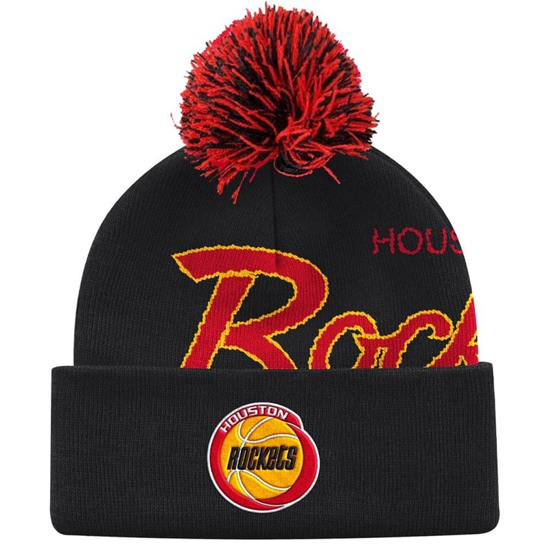 Houston Rockets Mitchell & Ness NBA Script Burst Pom Knit Beanie – Black