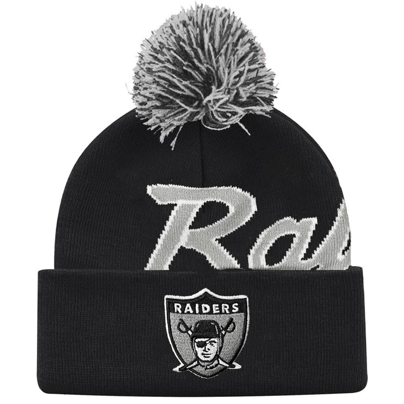 Las Vegas Raiders Mitchell & Ness NFL Script Burst Pom Knit Beanie – Black