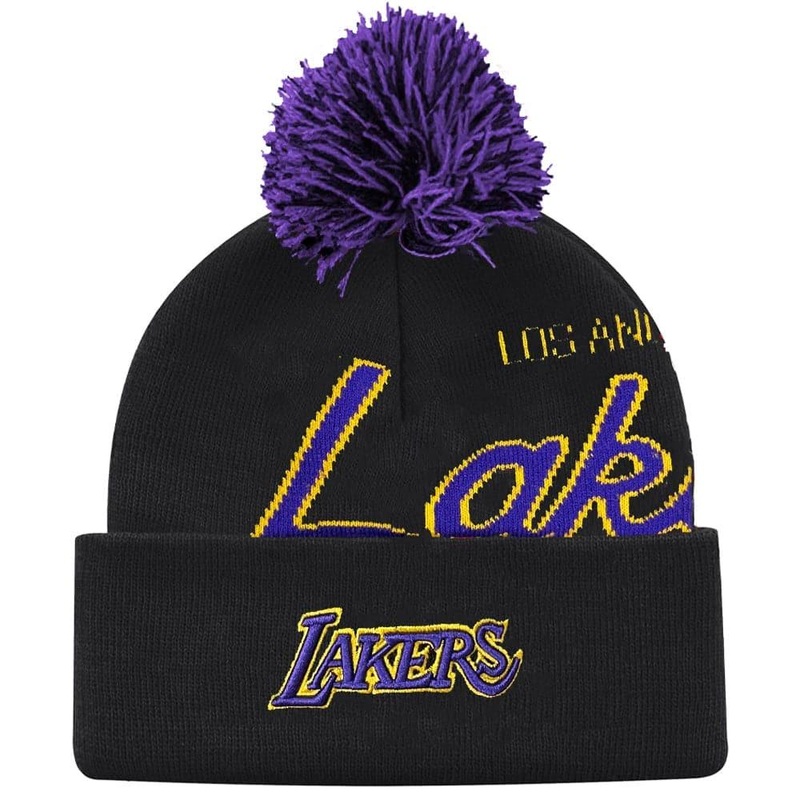 Los Angeles Lakers Mitchell & Ness NBA Script Burst Pom Knit Beanie – Black