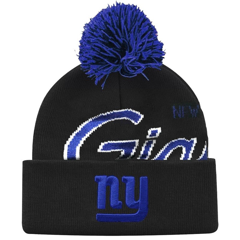 New York Giants Mitchell & Ness NFL Script Burst Pom Knit Beanie – Black