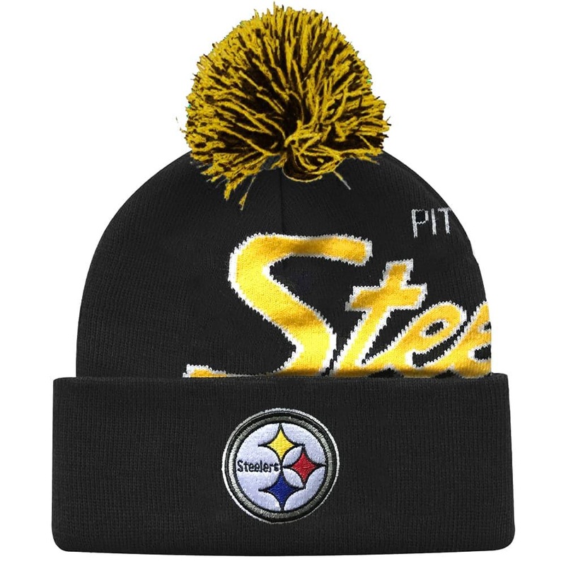 Pittsburgh Steelers Mitchell & Ness NFL Script Burst Pom Knit Beanie – Black