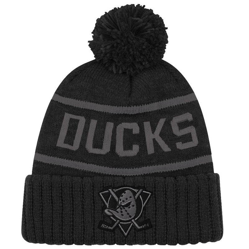 Anaheim Mighty Ducks NHL Triple Black On Black Pom Knit Beanie – Black