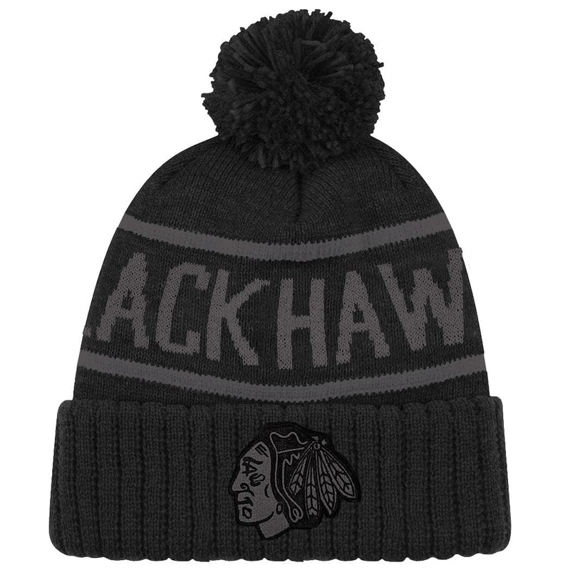 Chicago Blackhawks NHL Triple Black On Black Pom Knit Beanie – Black
