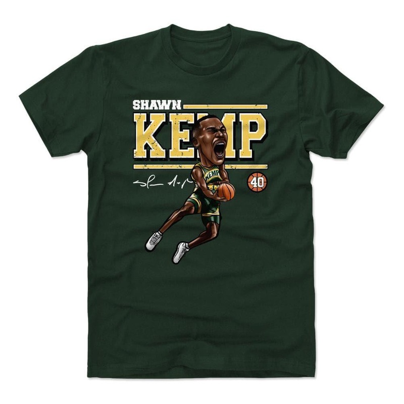 Shawn Kemp Seattle Supersonics 500 Level NBA HWC Cartoon T-Shirt – Green