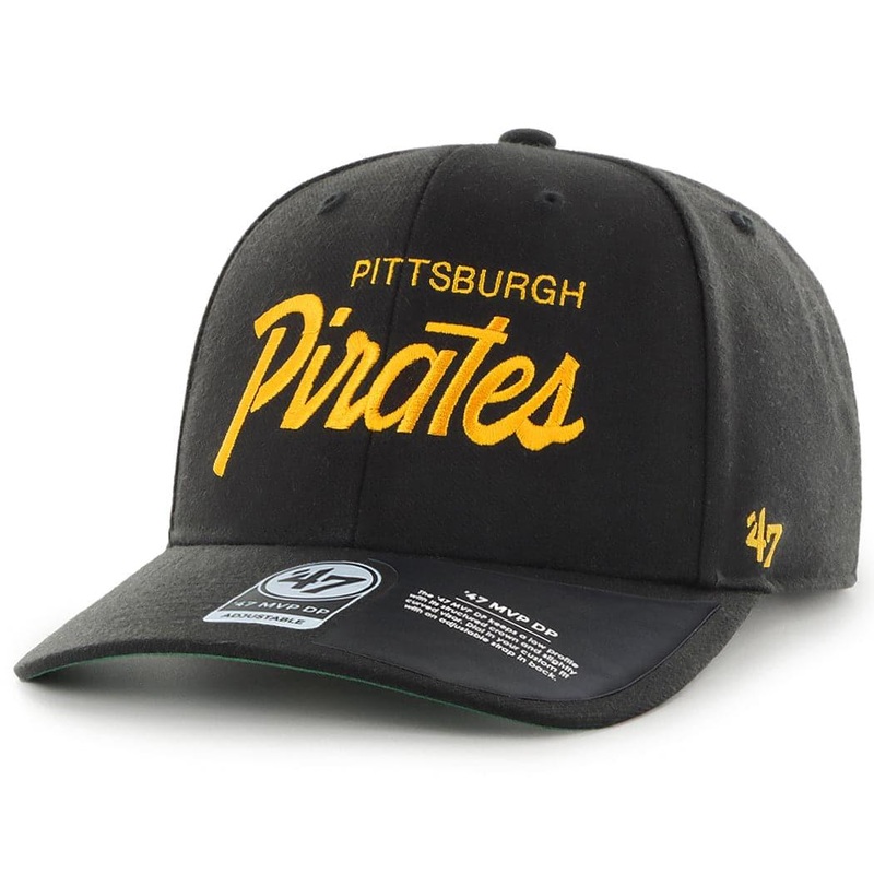 Pittsburgh Pirates 47 MLB Replica Script MVP DP Pre-Curved Snapback Hat – Black