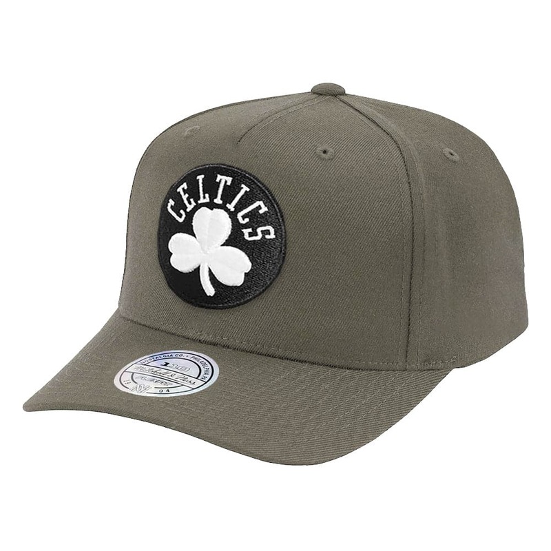 Boston Celtics Mitchell & Ness NBA Black & White Logo 110 Curve Snapback Hat – Olive
