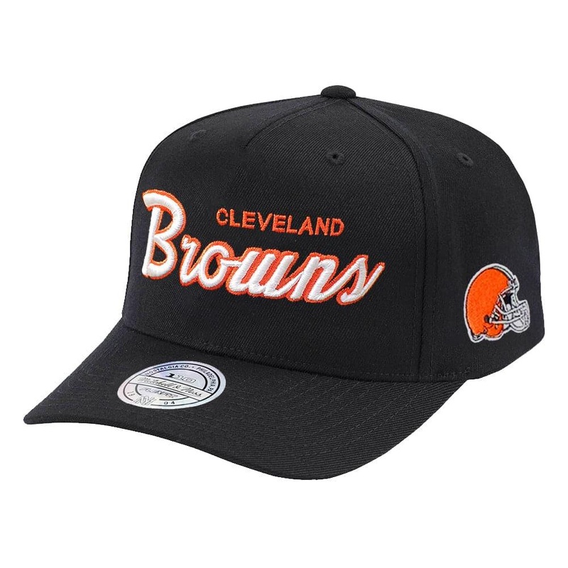Cleveland Browns Mitchell & Ness NFL Defense Script 110 Curve Snapback Hat – Black