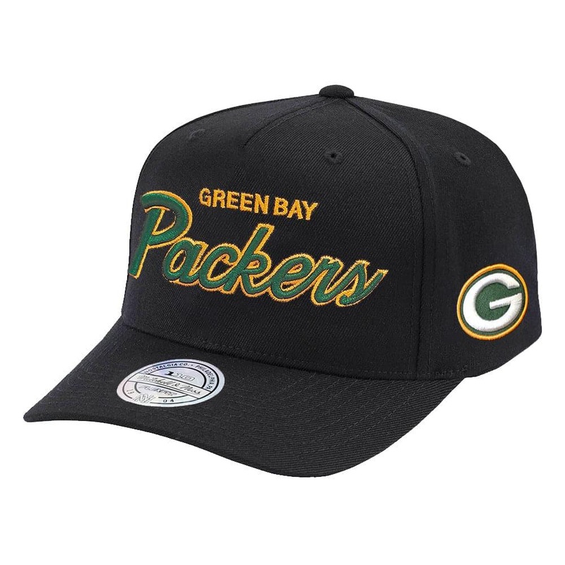 Green Bay Packers Mitchell & Ness NFL Defense Script 110 Curve Snapback Hat – Black